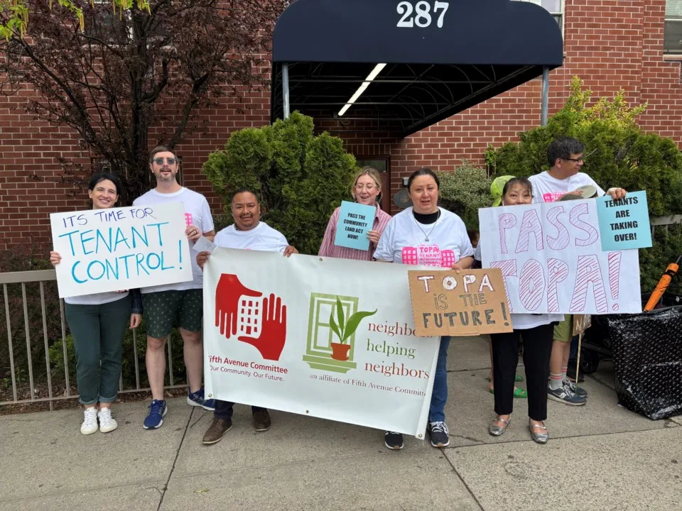 Outside a South Slope apartment building, tenants joined elected officials and housing organizers to call for passage of the Tenant Opportunity to Purchase Act, which would give renters the first chance to buy their buildings and create permanently affordable housing amid NYC’s deepening housing crisis.