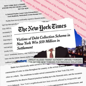 A collage of newspaper headlines, TV reports, and legal filings, highlighting the impact of New Economy Project's work.