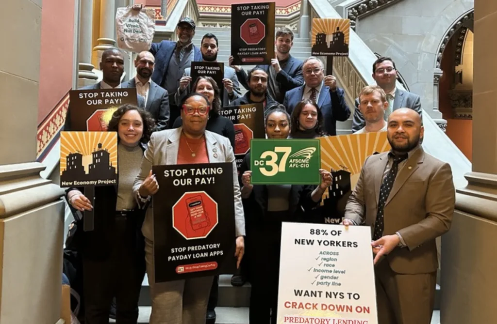 New Economy Project and others hold rally at the NYS Capitol.